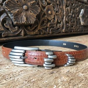 Vintage 90s Vicenza Rare Art Deco Western Embossed Leather Silver Buckle Belt XS